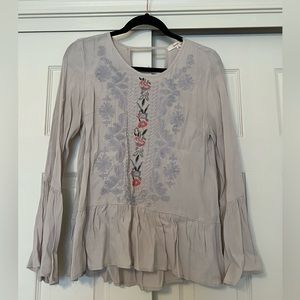 Orange Creek Long Sleeve Embroidered Blouse Top (Grey) - Small